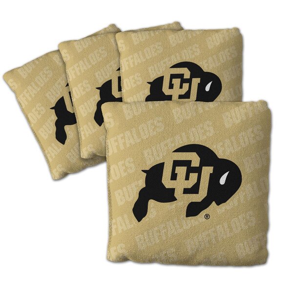 Set of four tan CU Buffaloes cornhole bags featuring the team logo on a textured all-weather fabric.